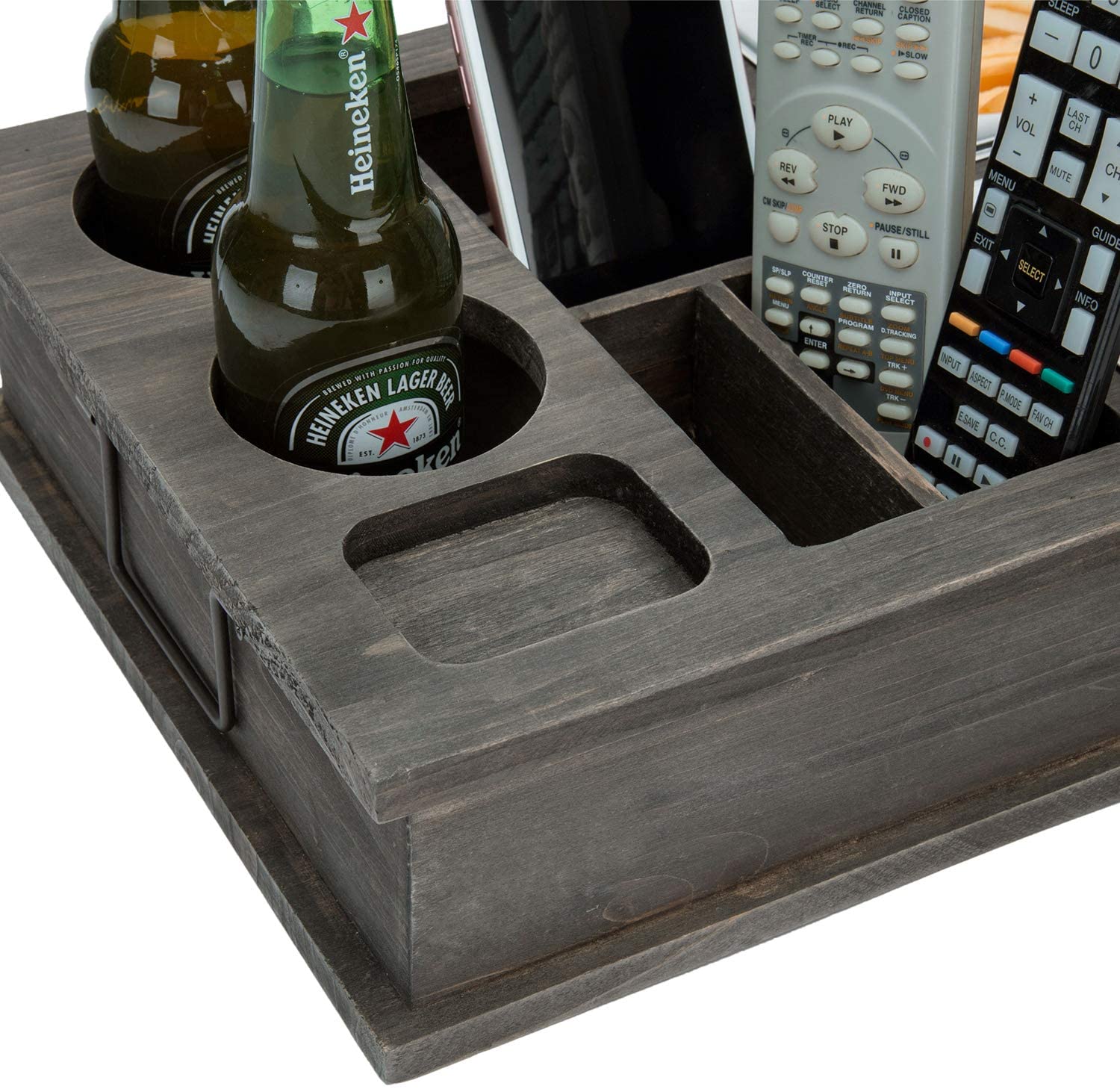 MyGift 16 inch Wood All-in-One Couch Snack Caddy & Remote Control/Bottle  holder 